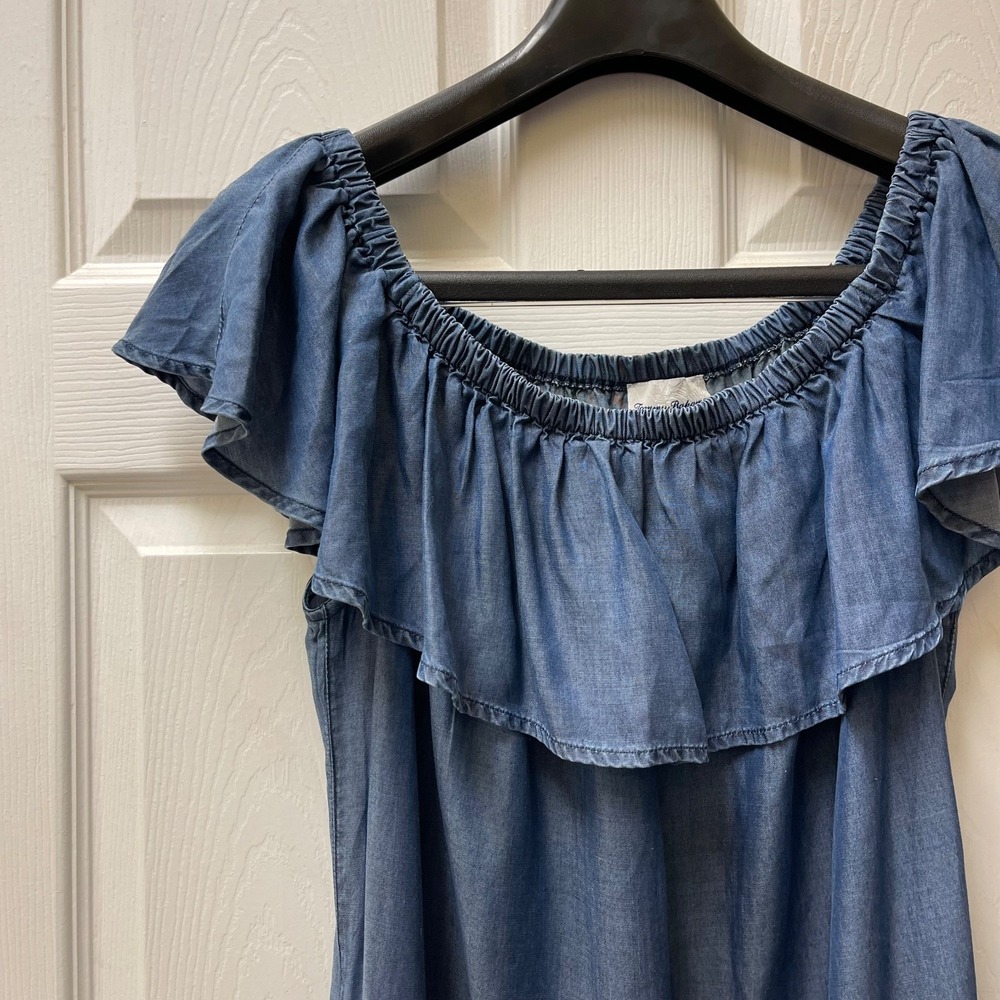 Tommy Bahama Women's M Chambray Tencel Off the Shoulder Ruffle Dress Pockets